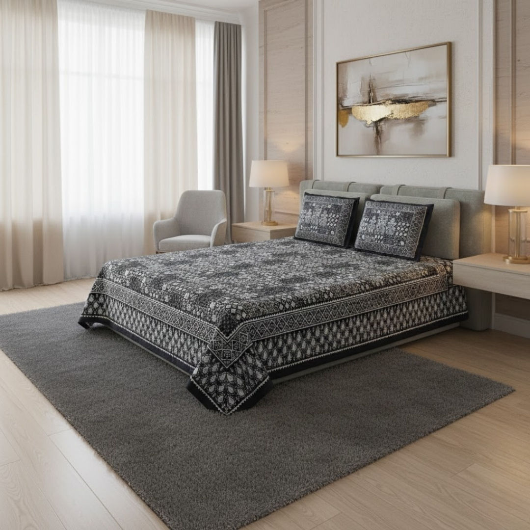 Grey Floral Polygons Dabu Print Jaipuri Double Bedsheet